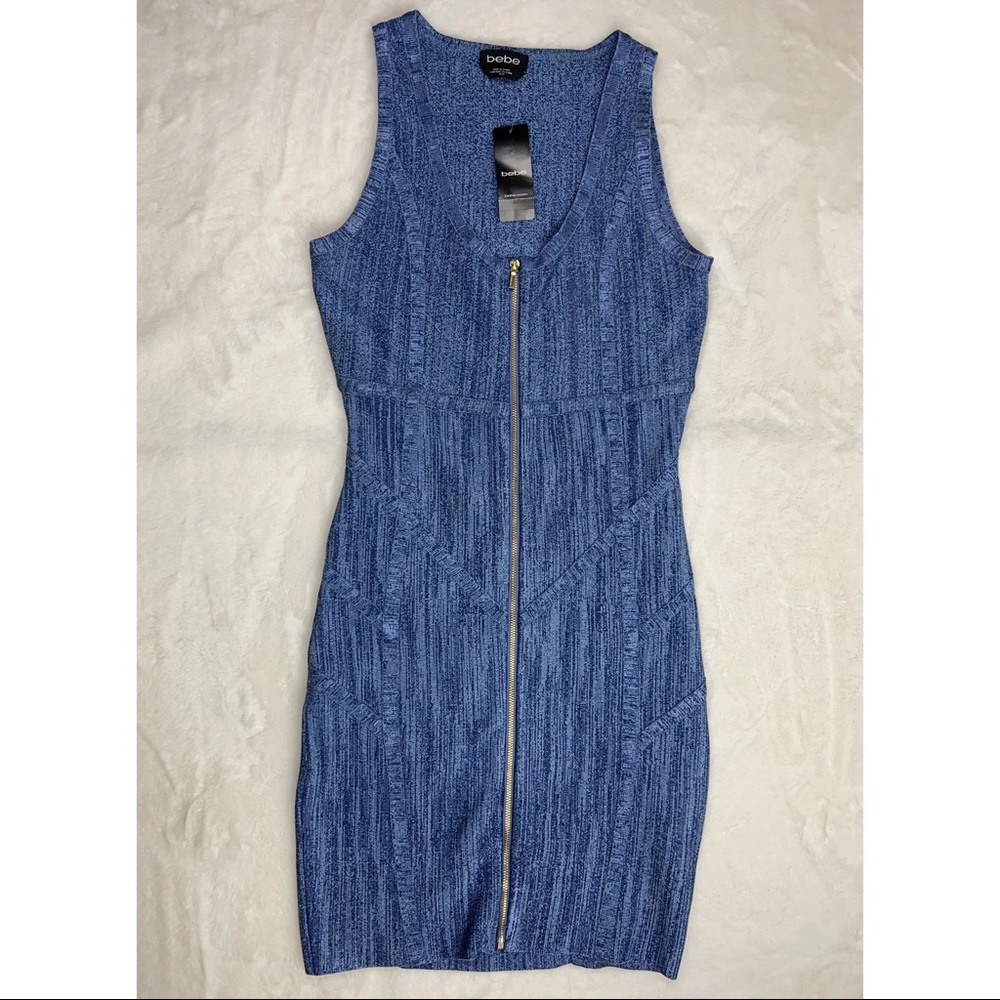 Bebe Dress Medium NWT Layla Zip Blue Knit Stretch Bandage Mini Cutout bodycon